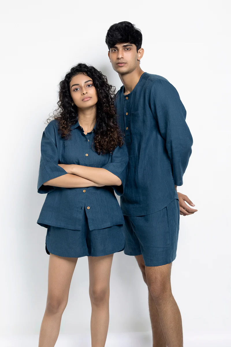 Indigo Linen Men's Shorts Set