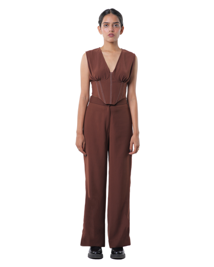 Affair Corset With High Waisted Pants - Brown