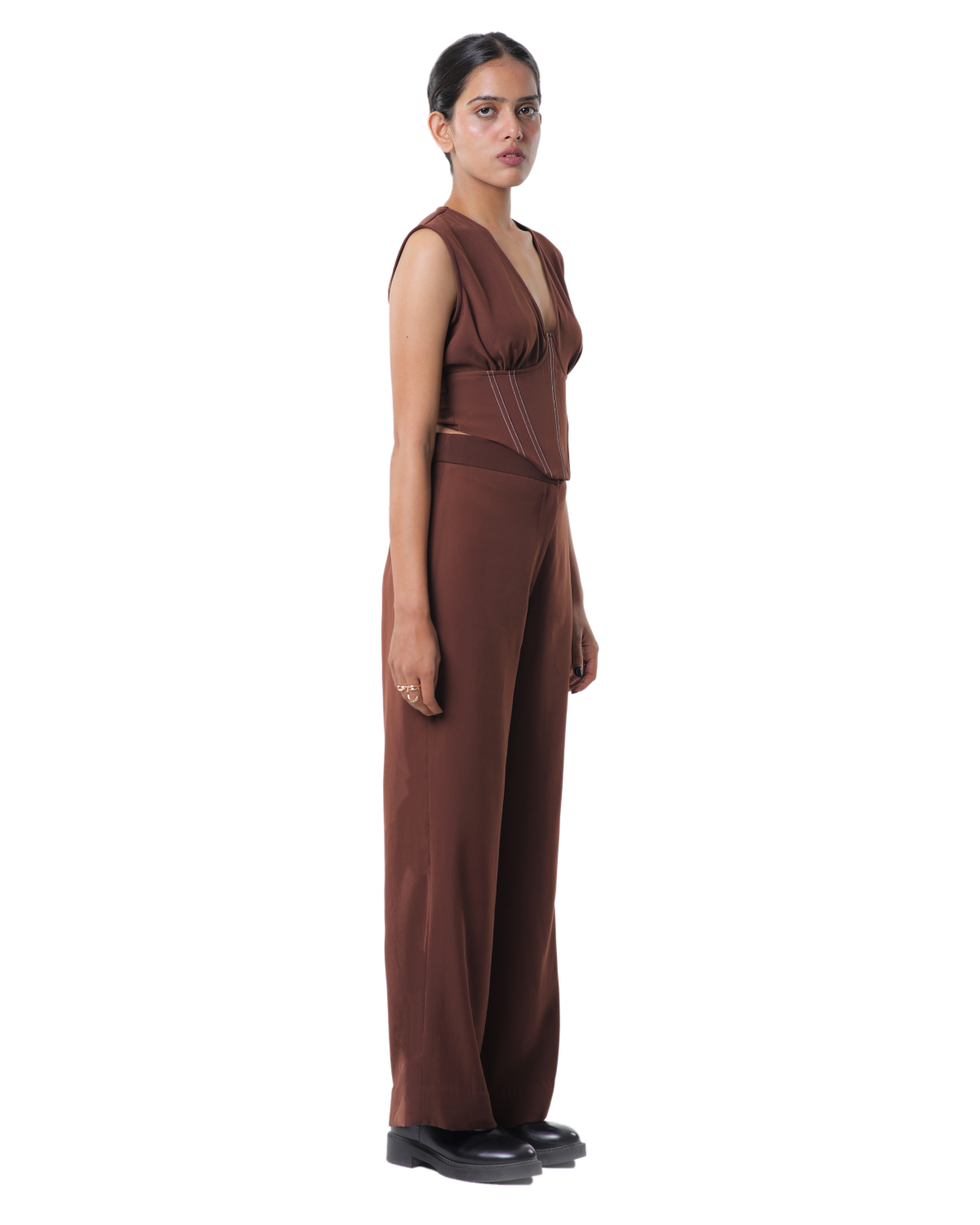 Affair Corset With High Waisted Pants - Brown