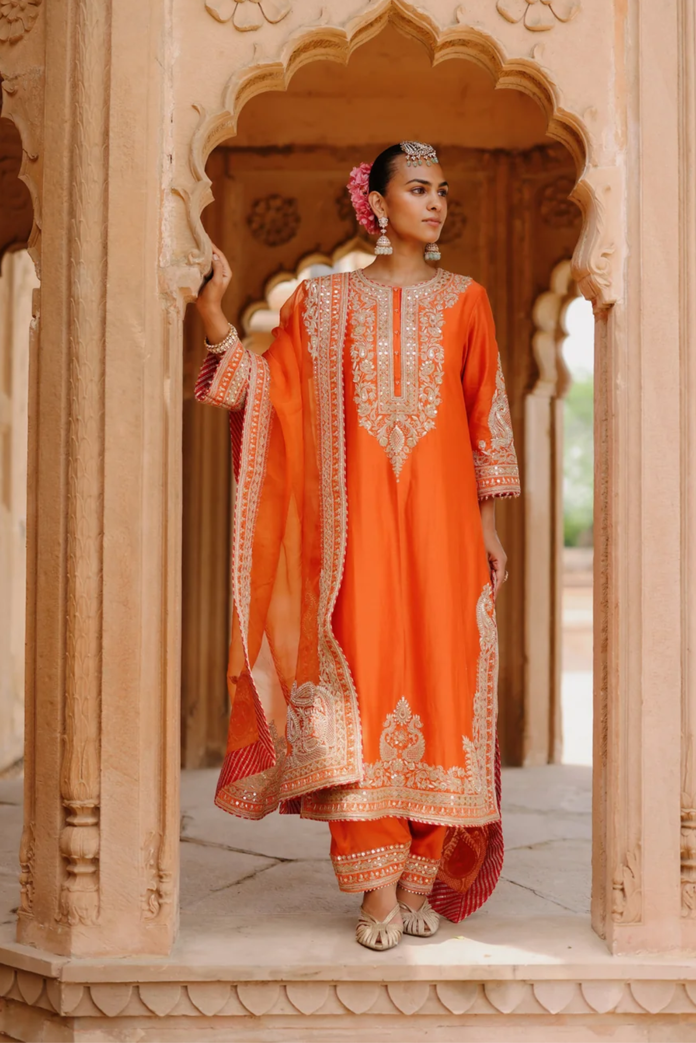 Umaira - Burnt Orange Long Kurta Set with Salwar & Dupatta