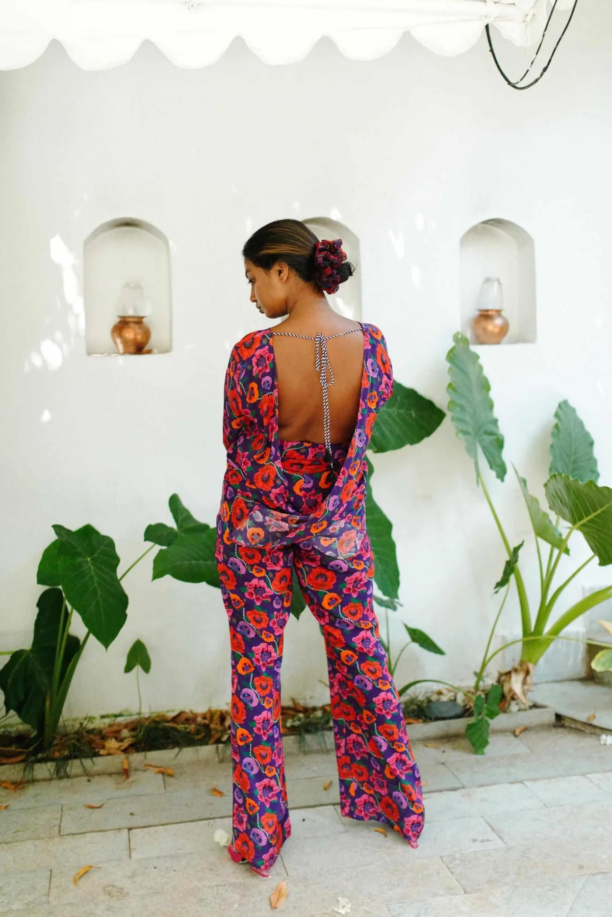 Oriental Poppy Plunge Back Top With Handcrafted Tie-Ups