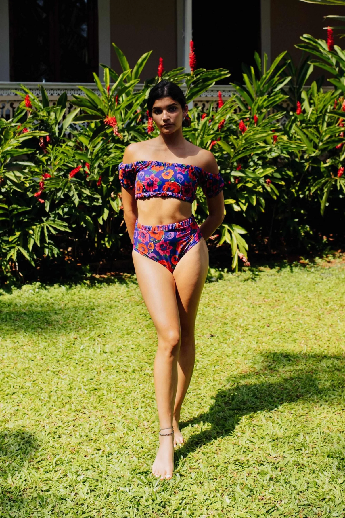 Oriental Poppy Ruche High Waist Bikini Bottom