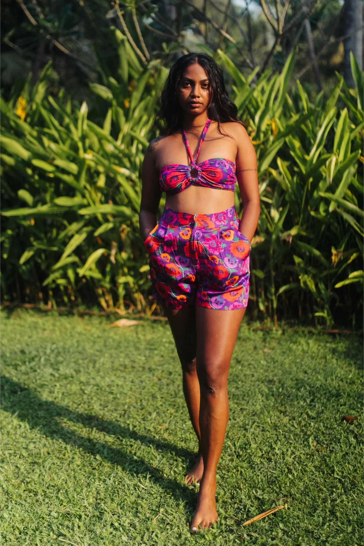 Oriental Poppy High Waist Shorts With Side Pockets