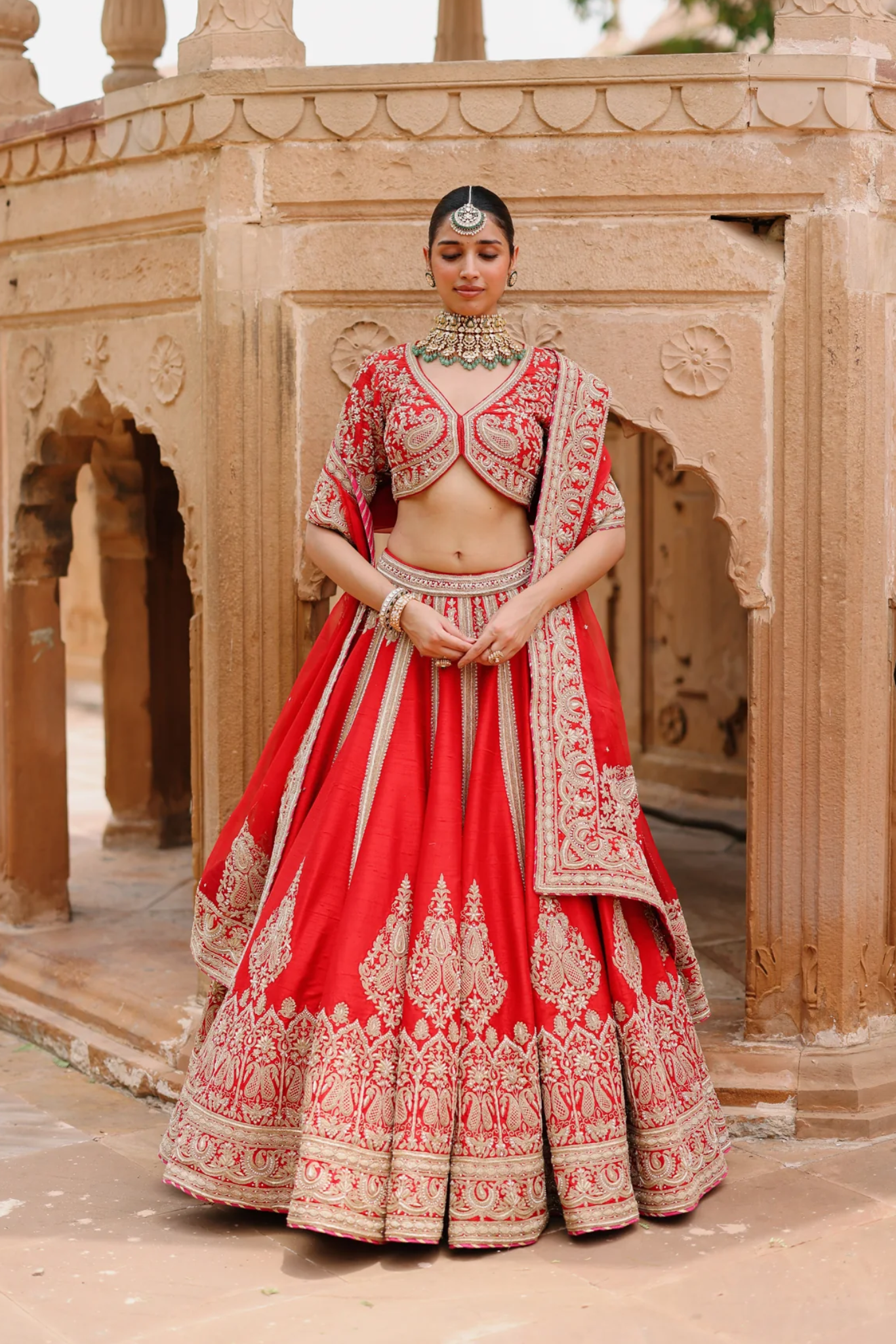 Mahroz - Deep Red Lehenga Set With Blouse & Dupatta