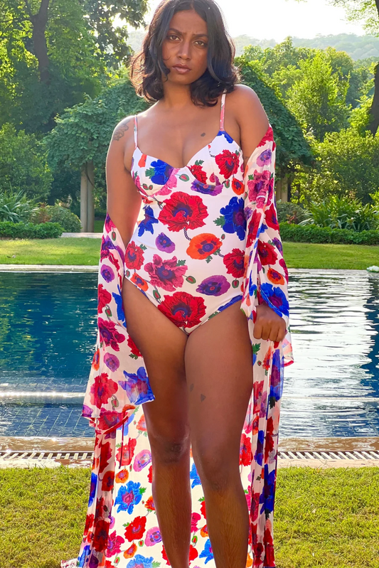 Underwired and Padded One Piece Swimsuit - Poppy White