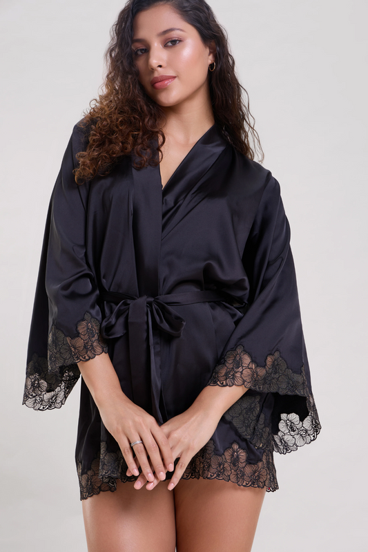 Ella Black Robe with Embroidered sleeves