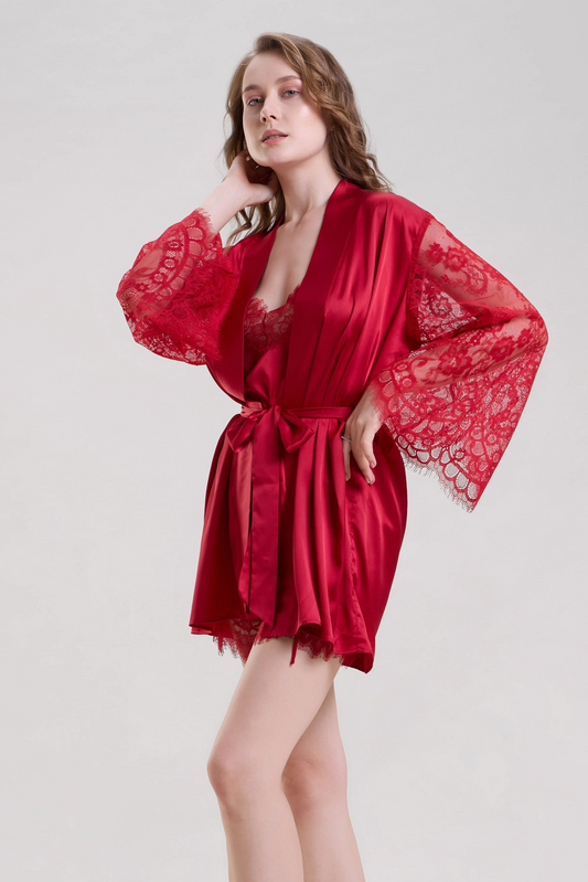 Red Satin Robe with Lace Sleeves