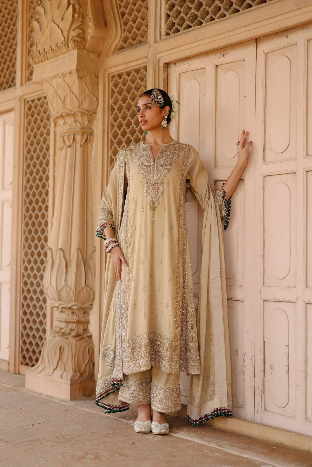 Nazaara - Gold Tissue Long Kalidaar Chauga Set With Palazzo & Dupatta