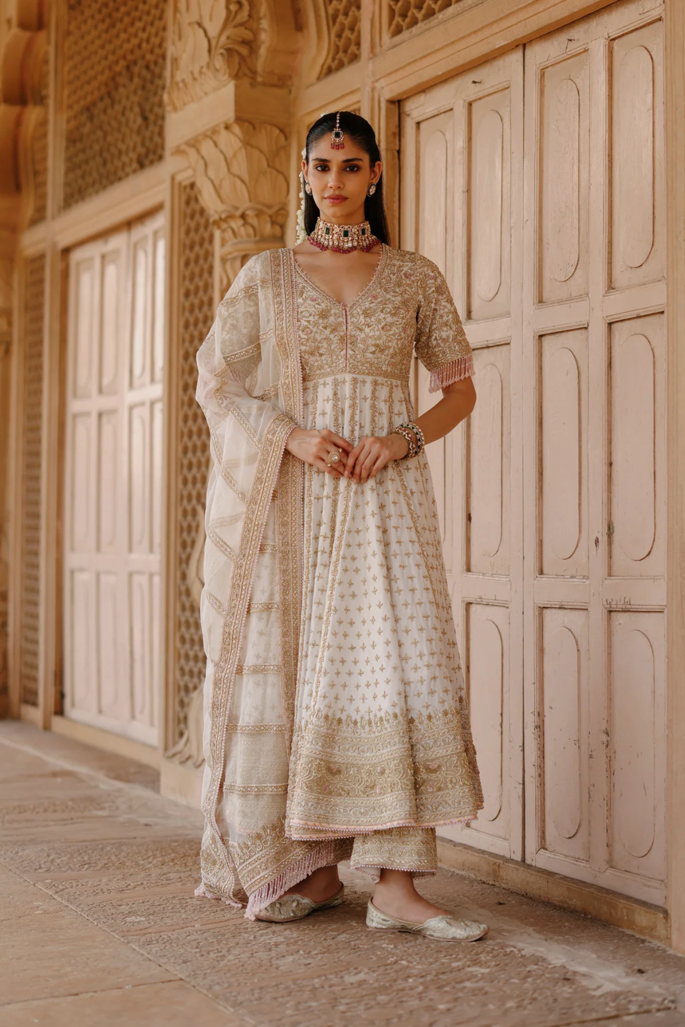 Nafees - Daisy Ivory Kalidaar Anarkali Set With Palazzo & Dupatta