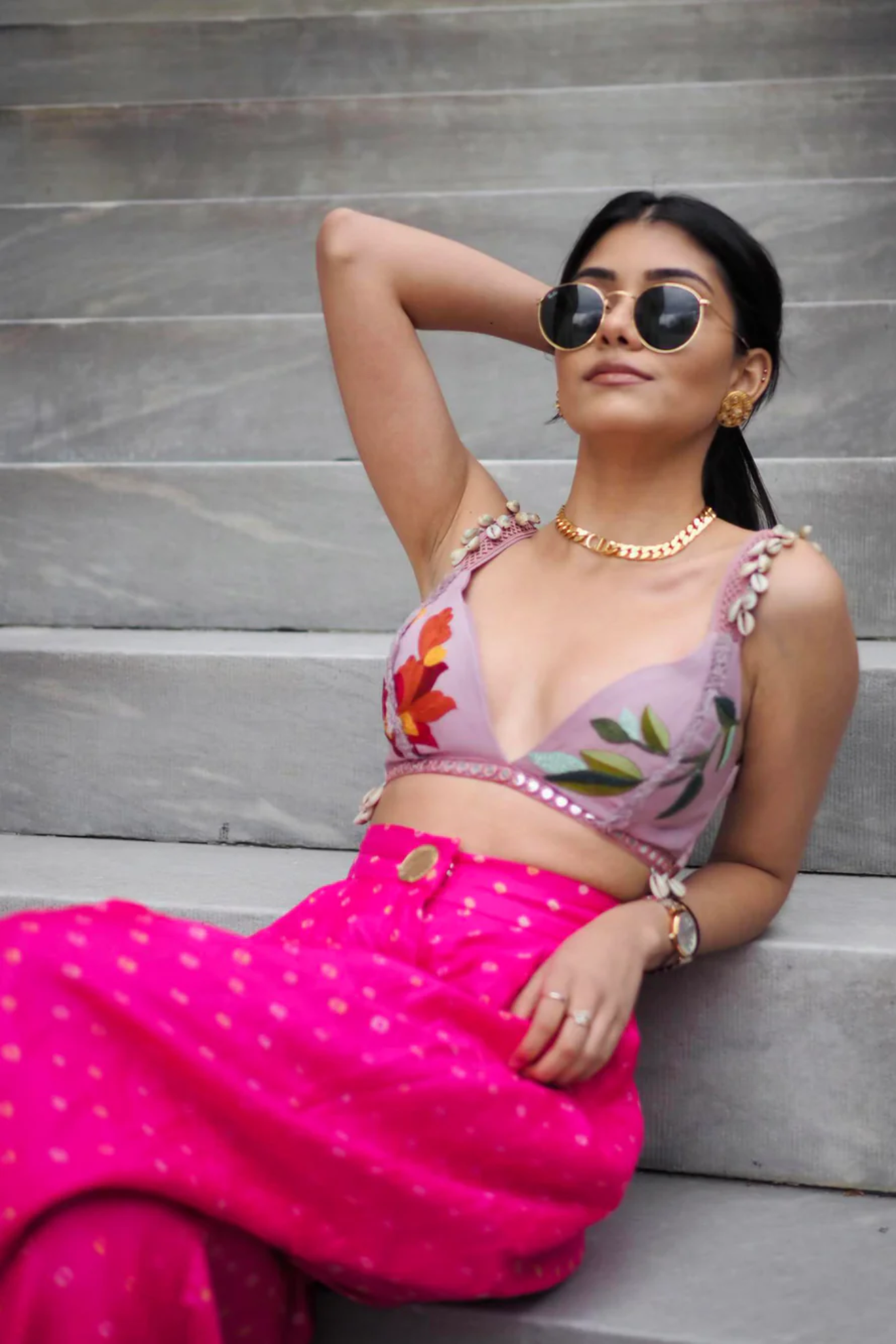 PINK BANDHNI TROUSERS, LILACS AND SEA SHELLS