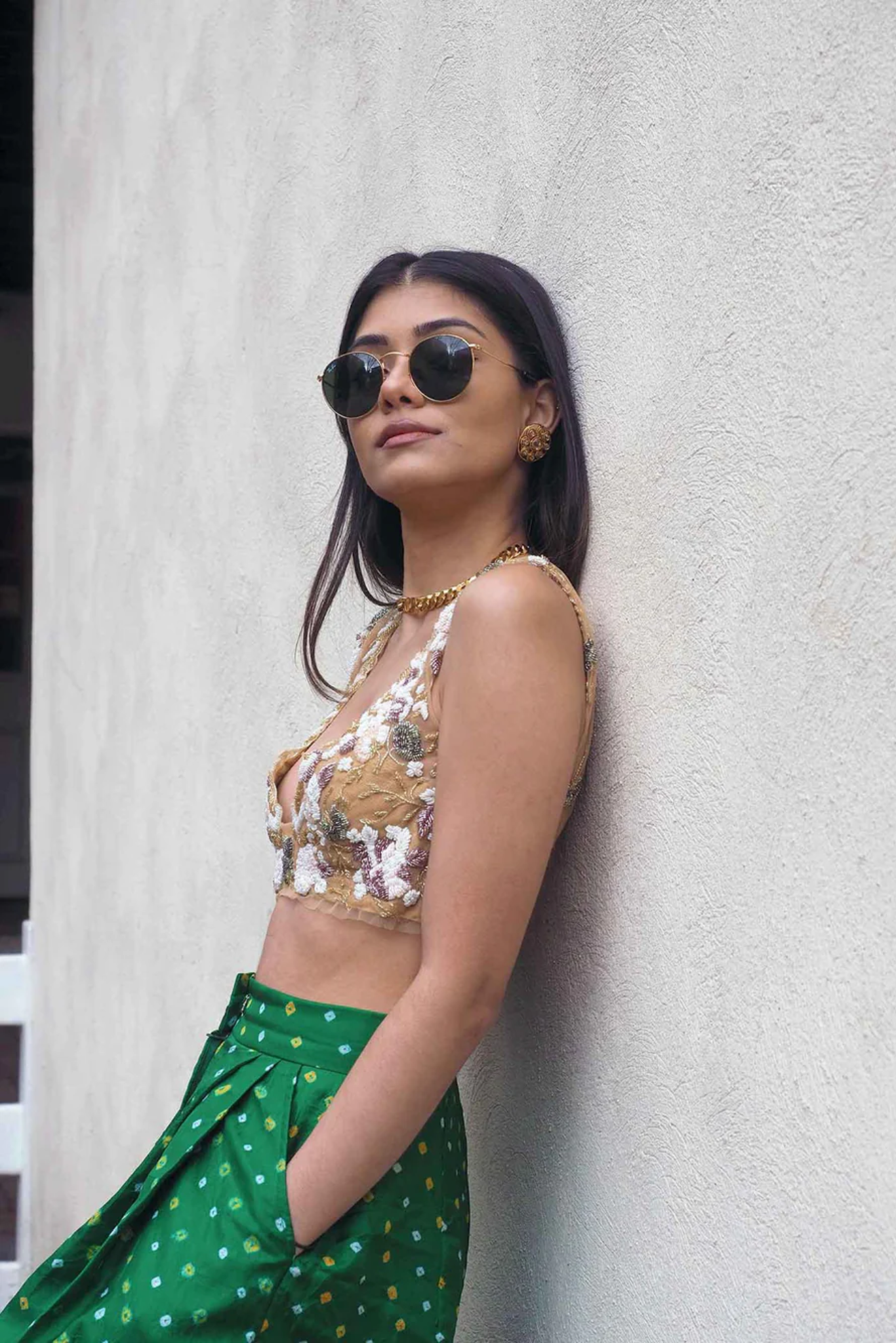 EMERALD BANDHINI TROUSERS, SLINKY NUDE BLOUSE