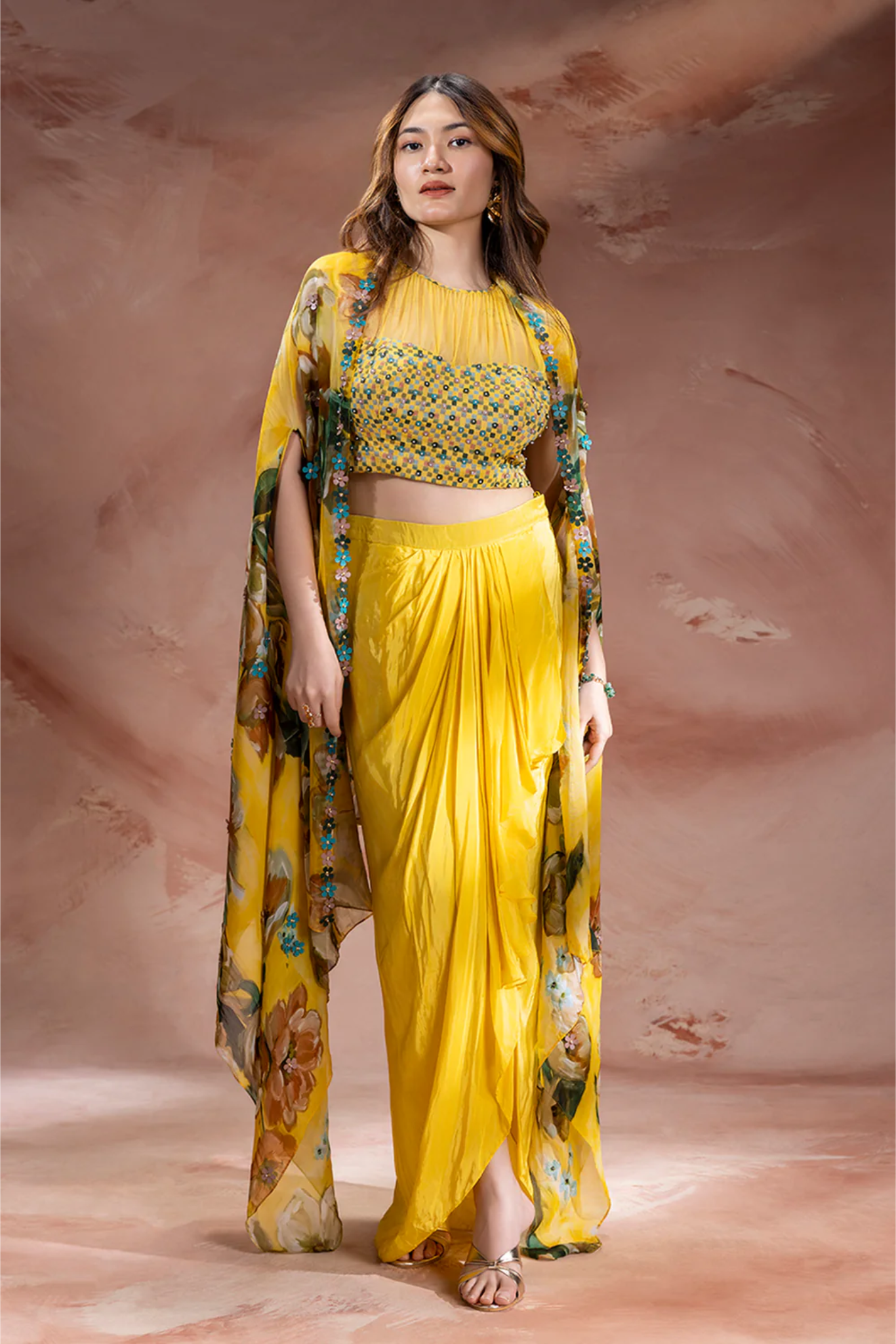 Zeya Embellished Drape Skirt Set with Cape