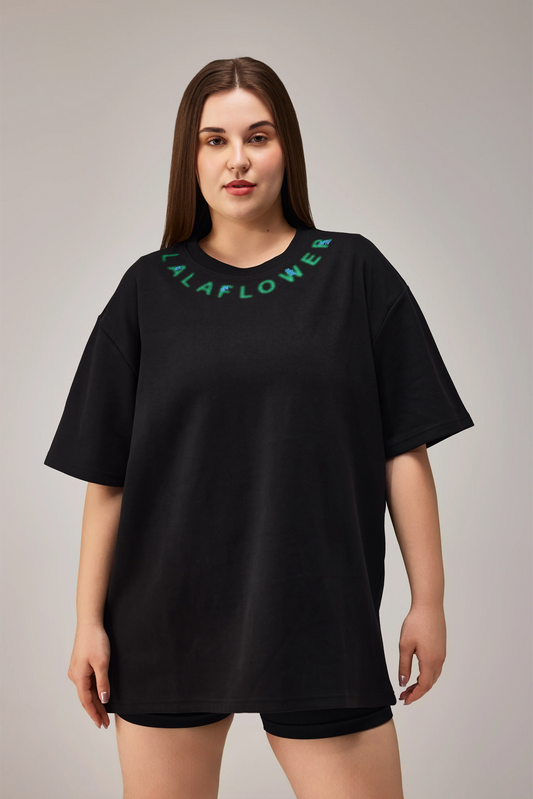 BLACK OVERSIZED T-SHIRT WITH COLLAR DETAIL