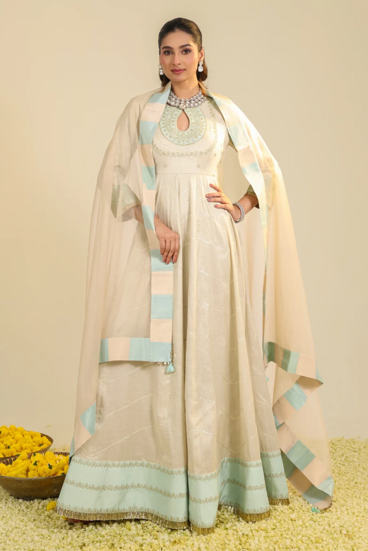 Off White Shimmer Tarini Anarkali Set