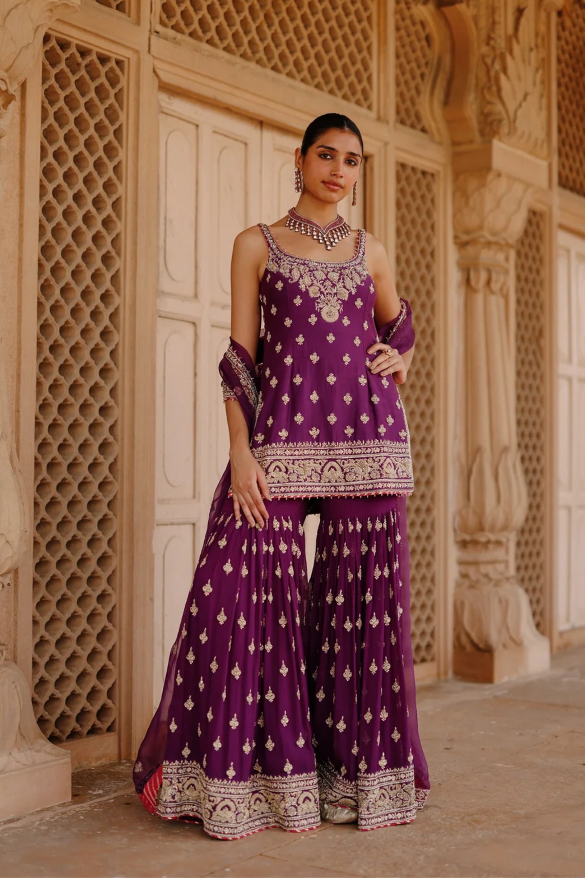 Shahbano - Deep Purple Kurta Set With Garara & Dupatta