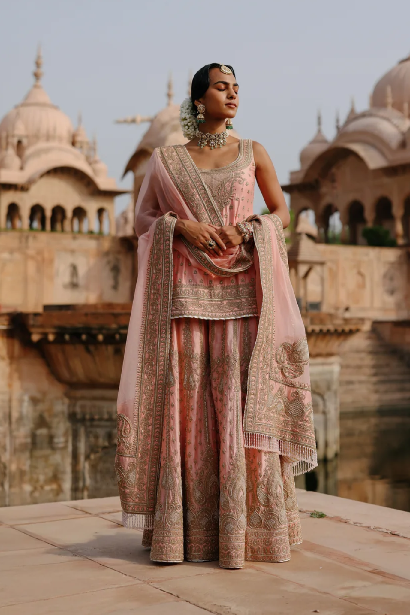 Tasnim - Pink Kurta Set with Sharara & Dupatta