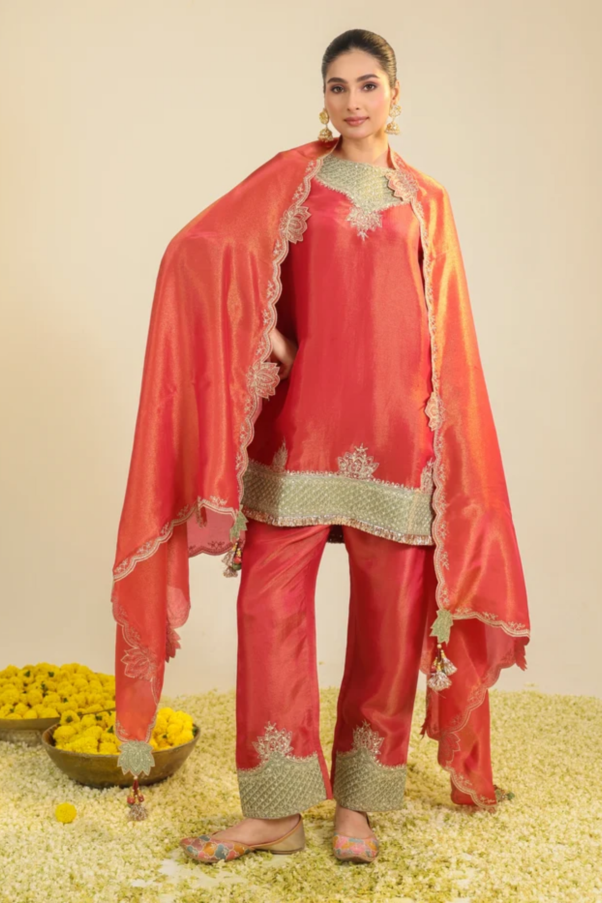 Red Divine Tissue Kurta Set