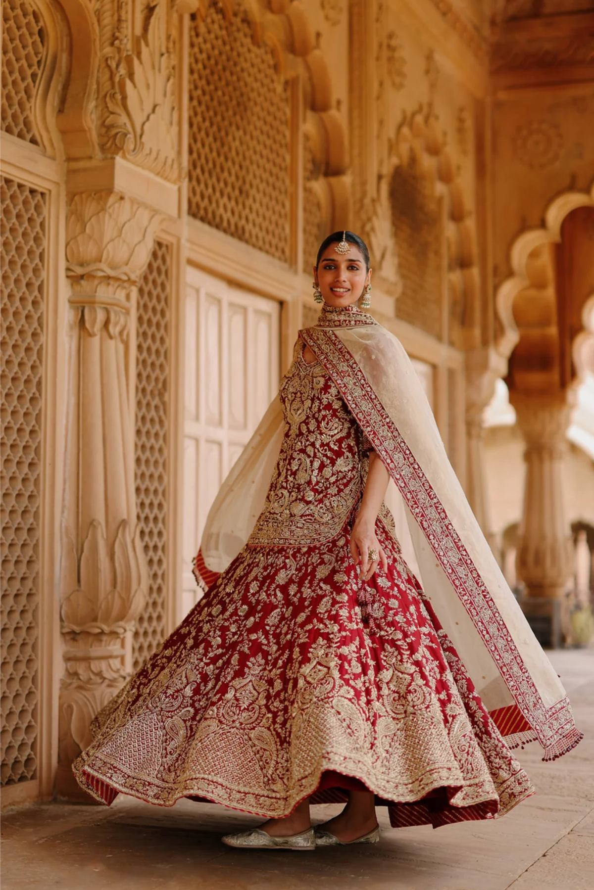 Merab - Deep Red Kurta Set With Lehenga & Dupatta