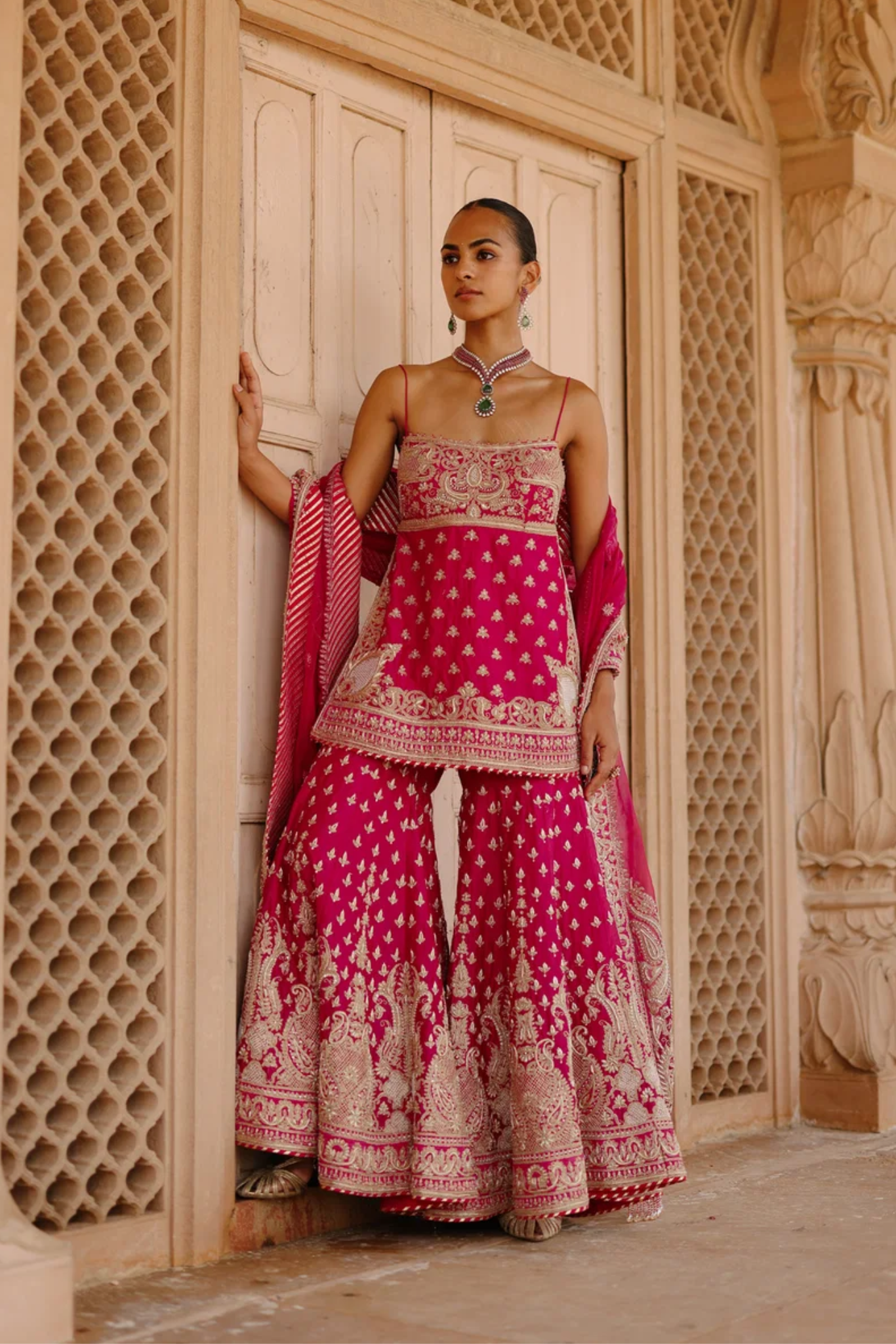 Nisbat - Rani Hot Pink Kurta Set With Garara & Dupatta