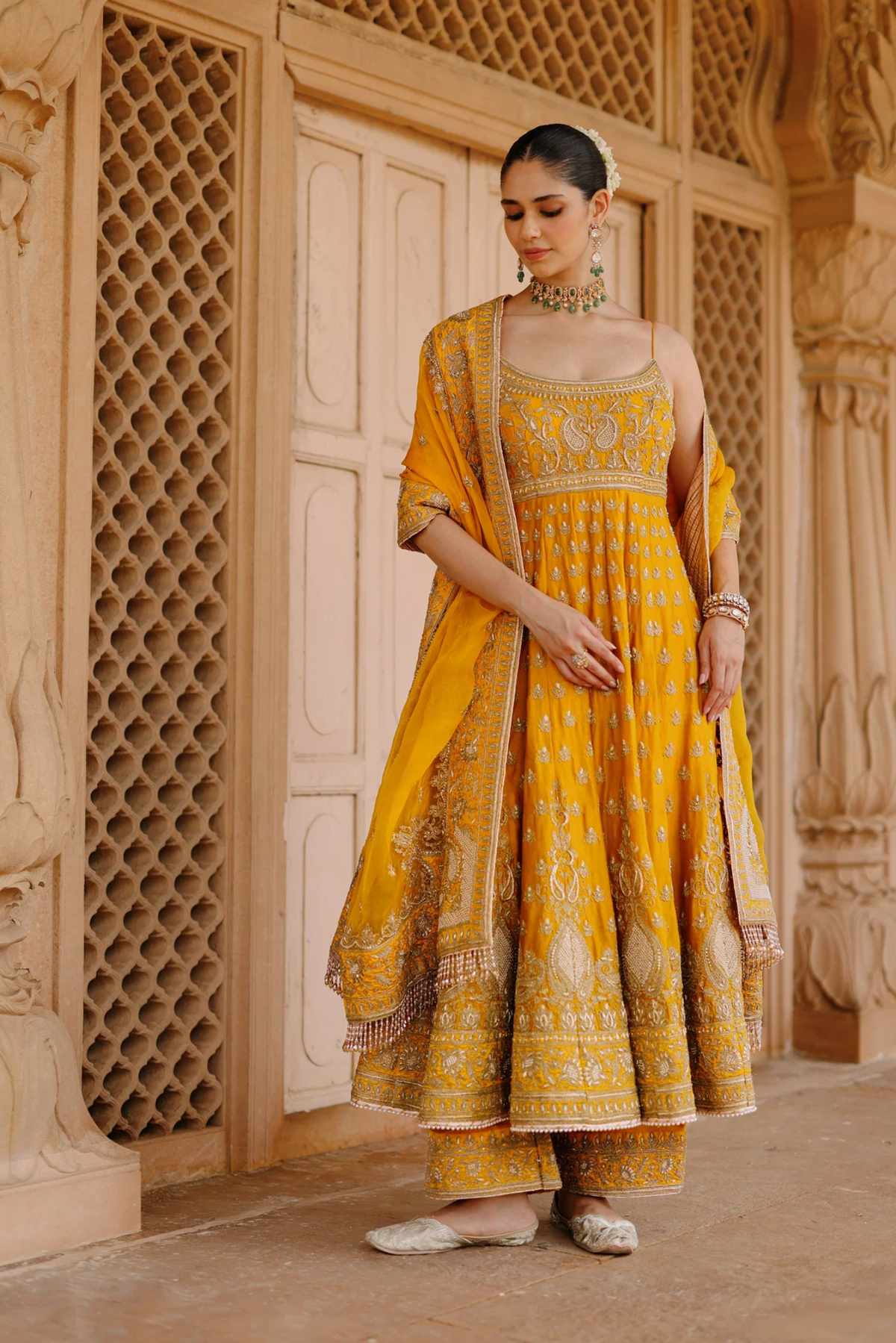 Afraa - Mustard Anarkali Set With Palazzo & Dupatta
