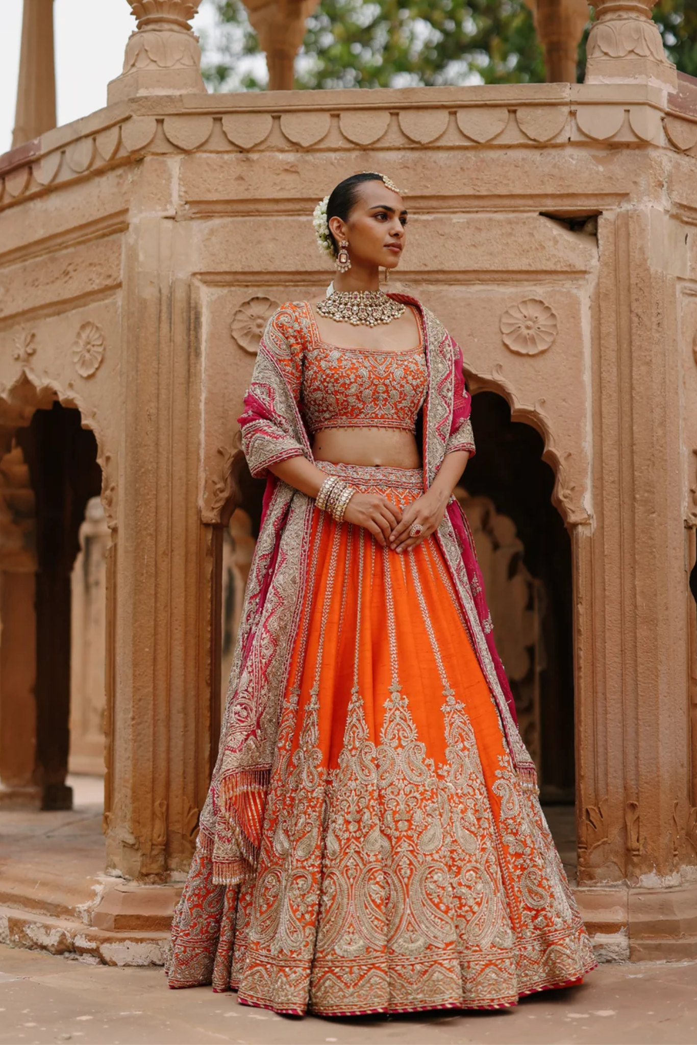 Nagma - Orange Lehenga Set With Blouse & Rani Hot Pink Dupatta