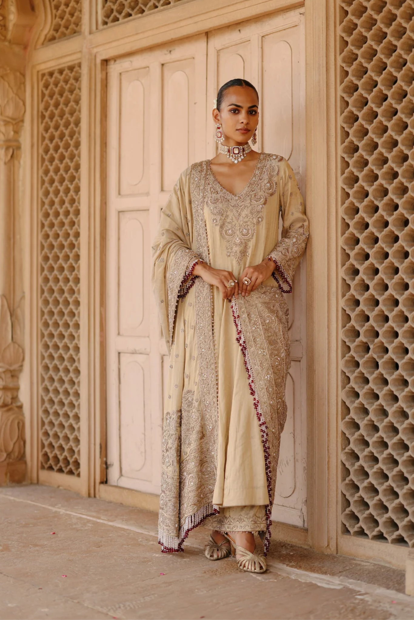 Rooh – Gold Tissue Long Kalidaar Anarkali Set With Palazzo & Dupatta