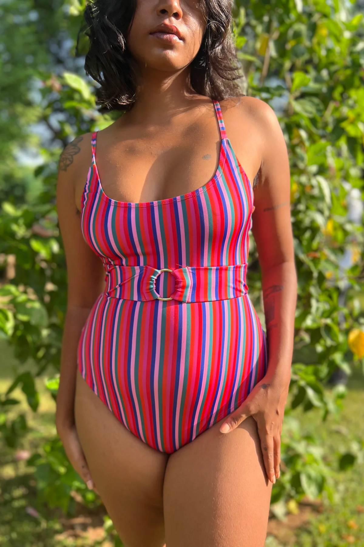 One Piece Swimsuit with Removable Belt - Candy Stripes