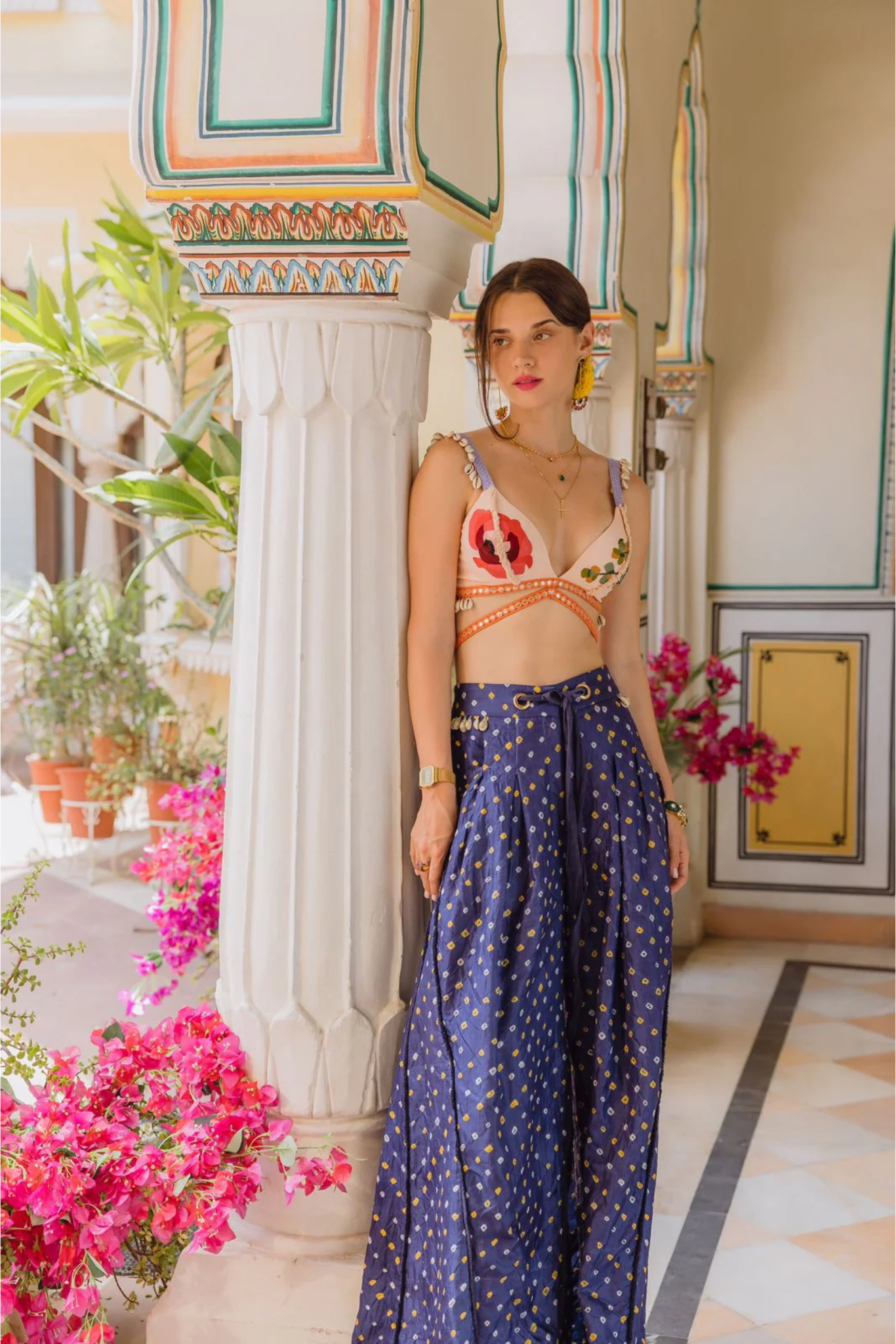 NAVY BANDHINI TROUSERS, A RED FLOWER, SHELLS
