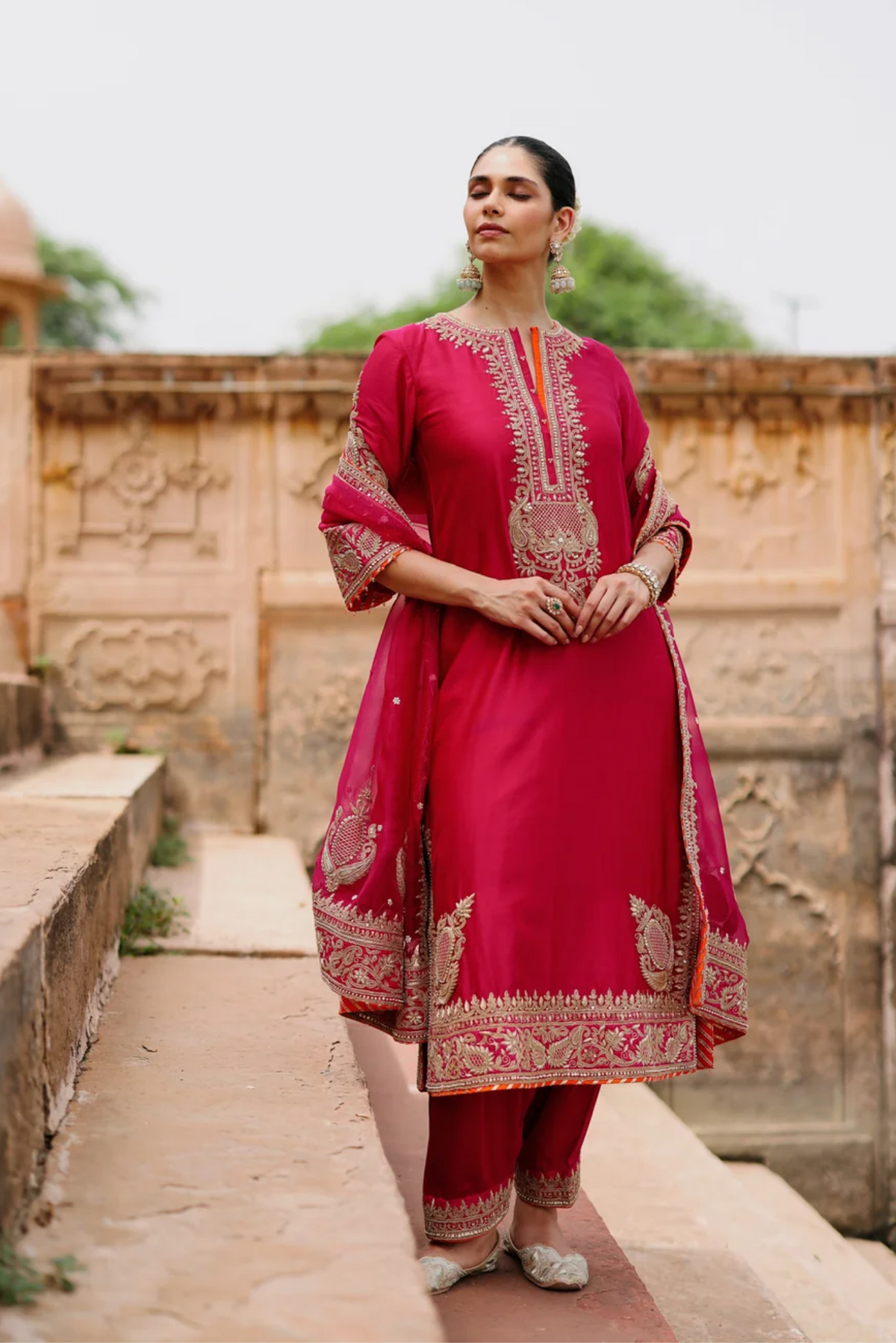 Arwa - Rani Hot Pink Long Kurta Set With Salwar & Dupatta