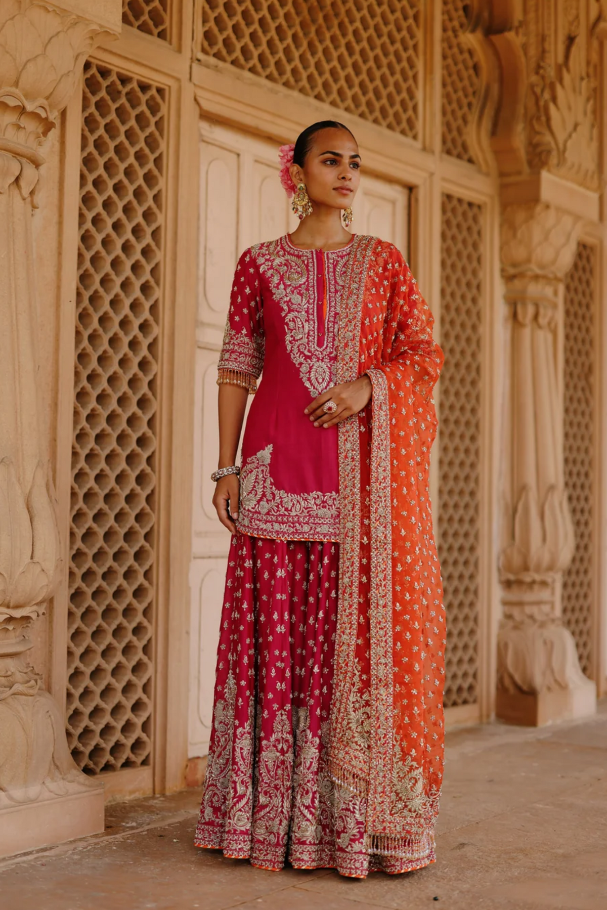 Maysam - Hot Pink Kurta Set with Sharara & Dupatta