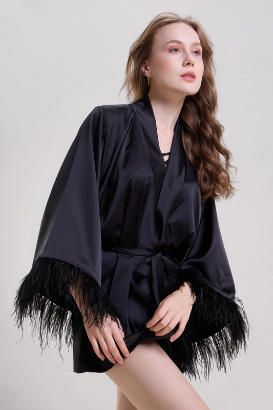 Midnight Black Robe with Feather Sleeves
