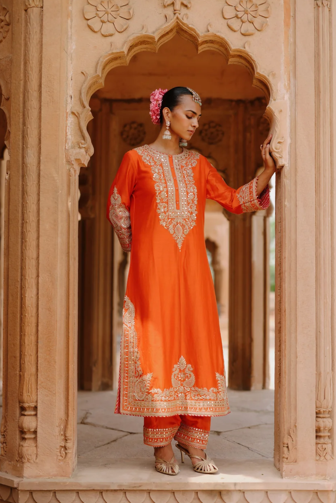 Umaira - Burnt Orange Long Kurta Set with Salwar & Dupatta
