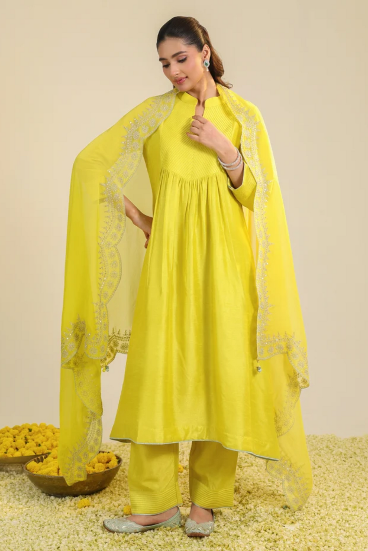 Yellow Scalloped Kurta Set