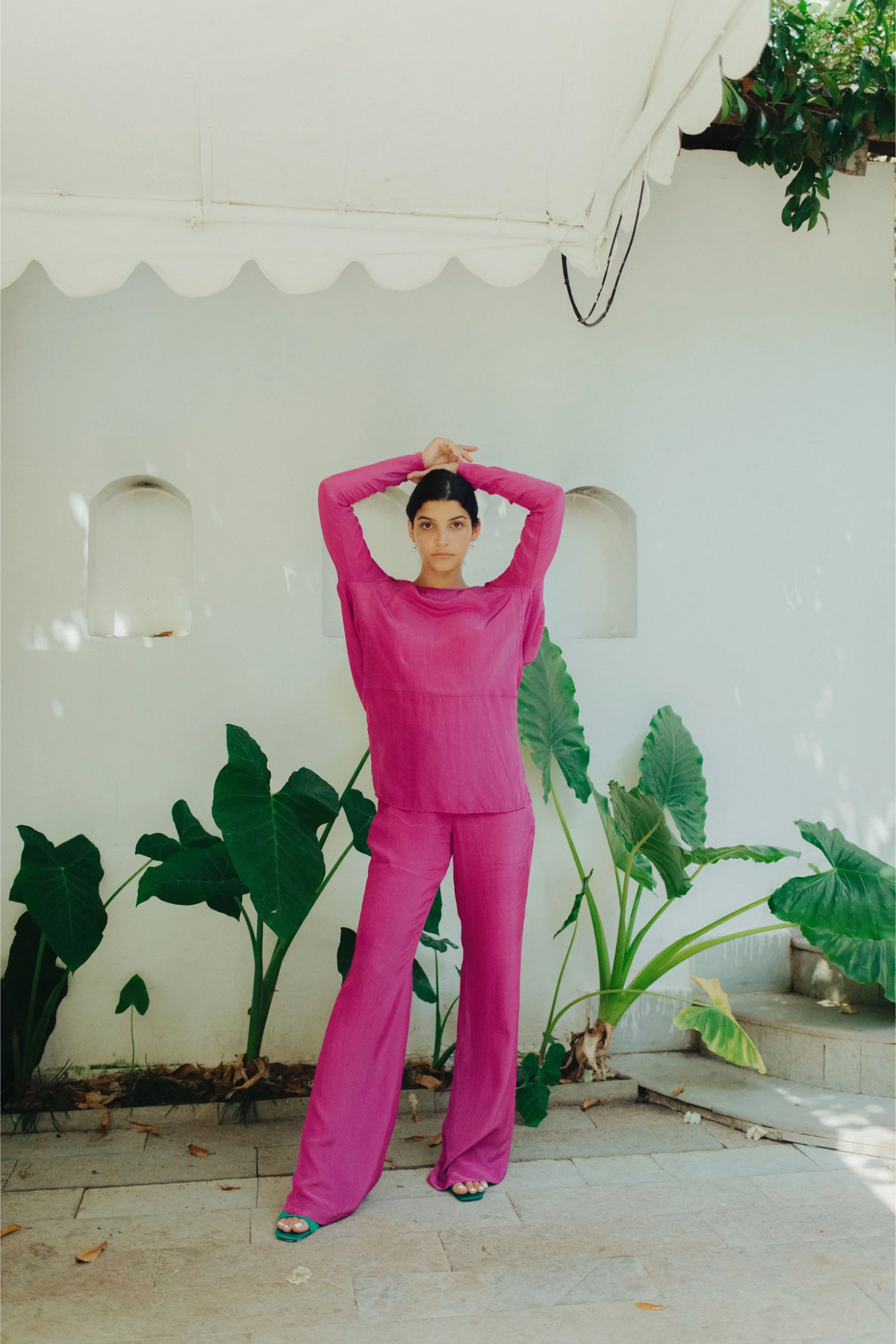 Magenta Plunge Back Top With Handcrafted Tie-Ups