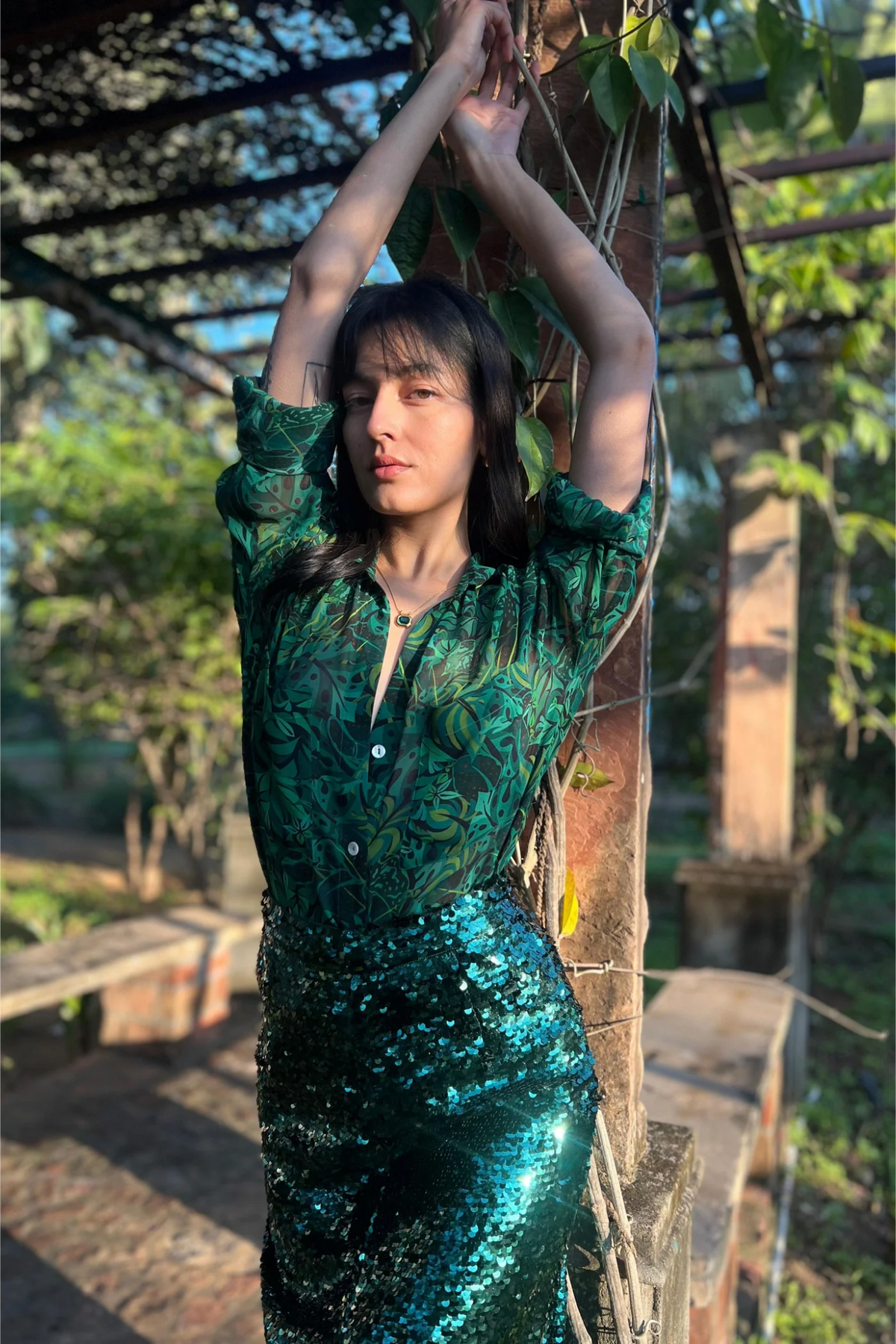 Emerald Jungle Georgette Sheer Shirt