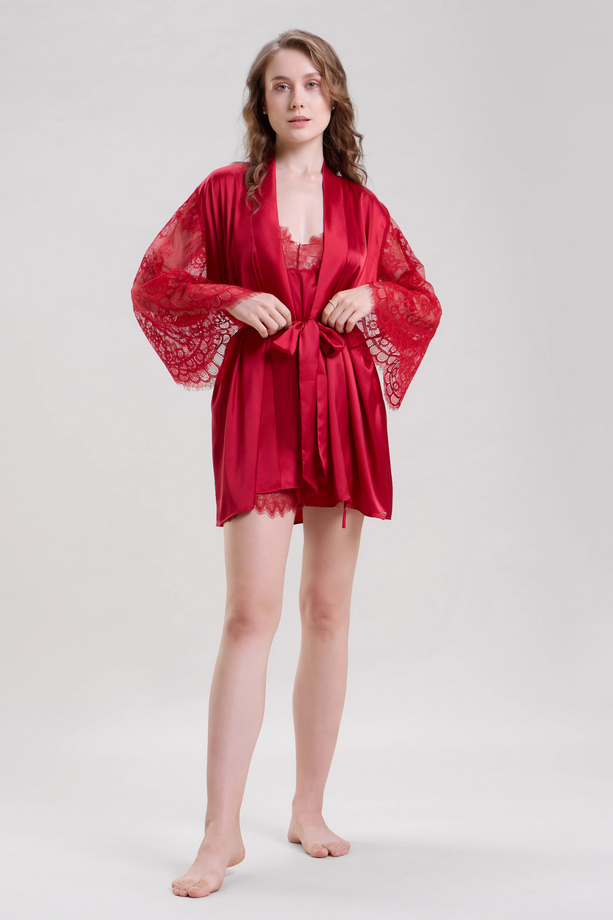 Red Satin Robe with Lace Sleeves