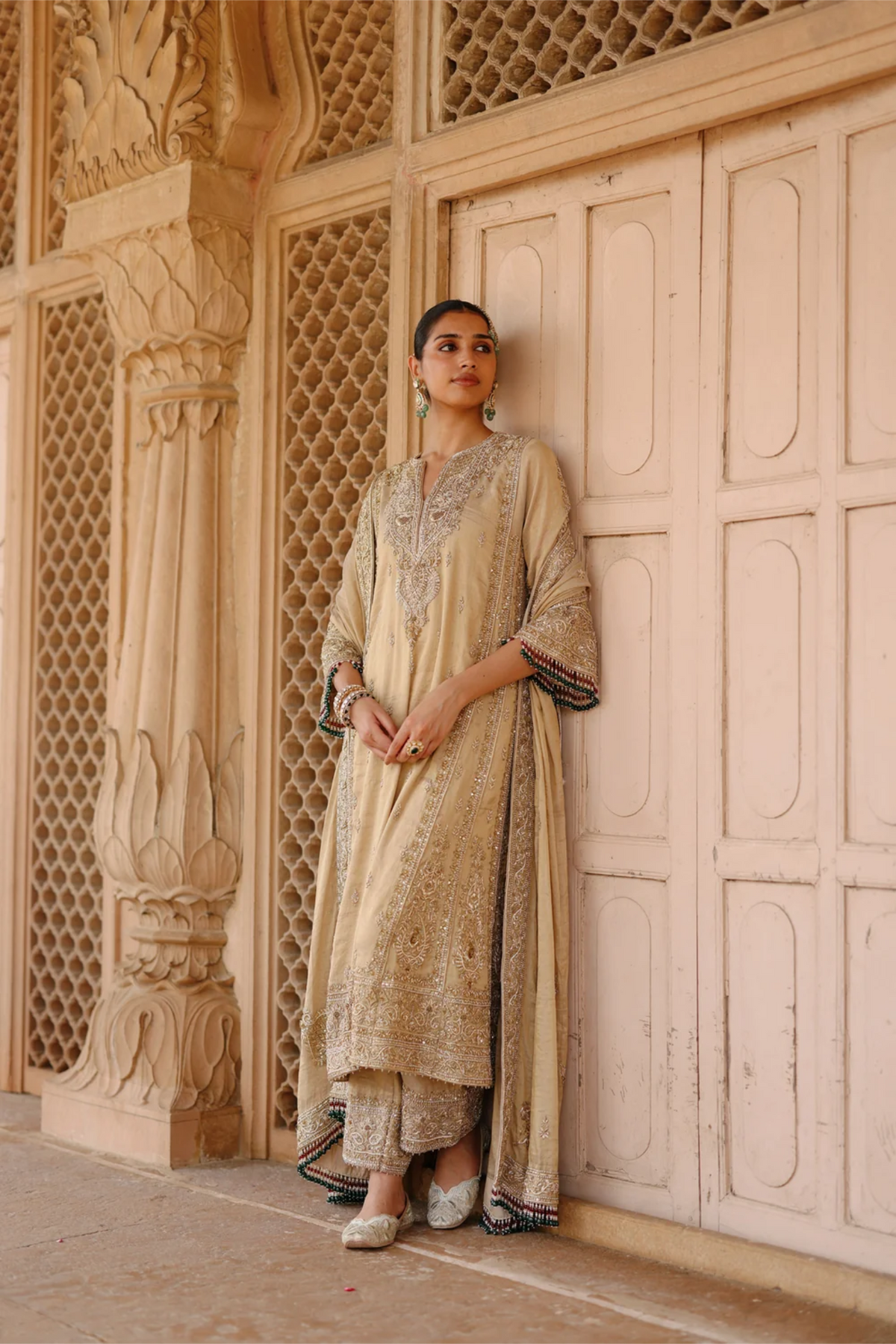 Nazaara - Gold Tissue Long Kalidaar Chauga Set With Palazzo & Dupatta