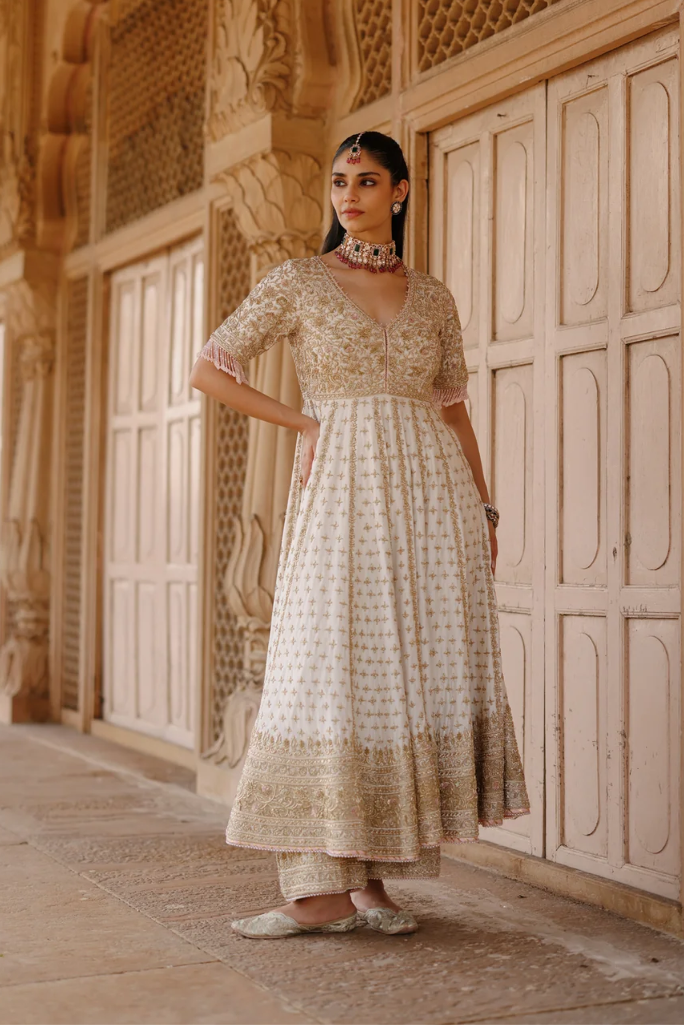 Nafees - Daisy Ivory Kalidaar Anarkali Set With Palazzo & Dupatta