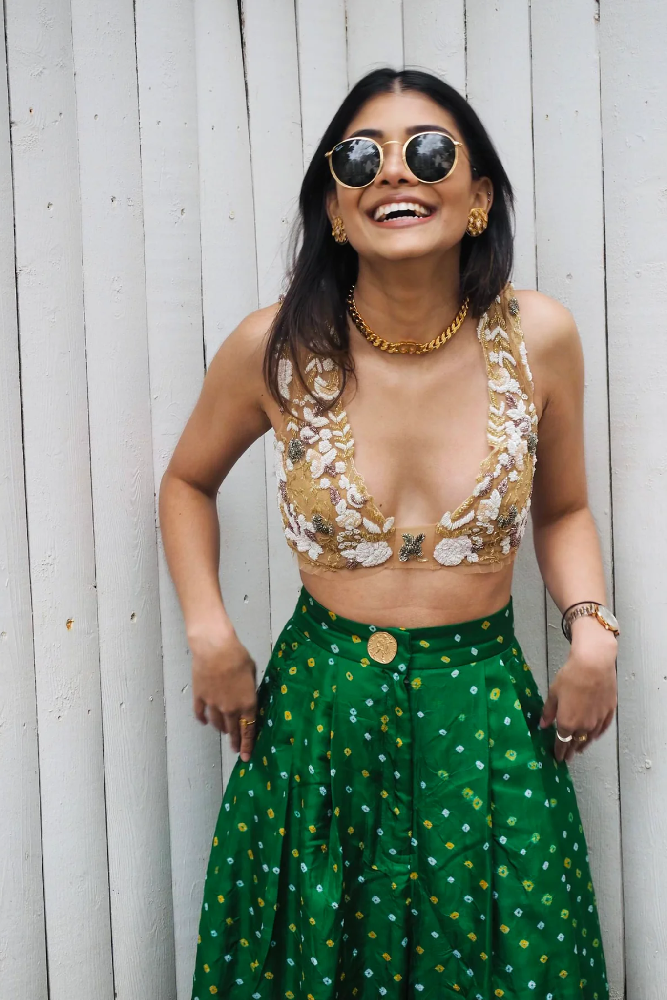 EMERALD BANDHINI TROUSERS, SLINKY NUDE BLOUSE