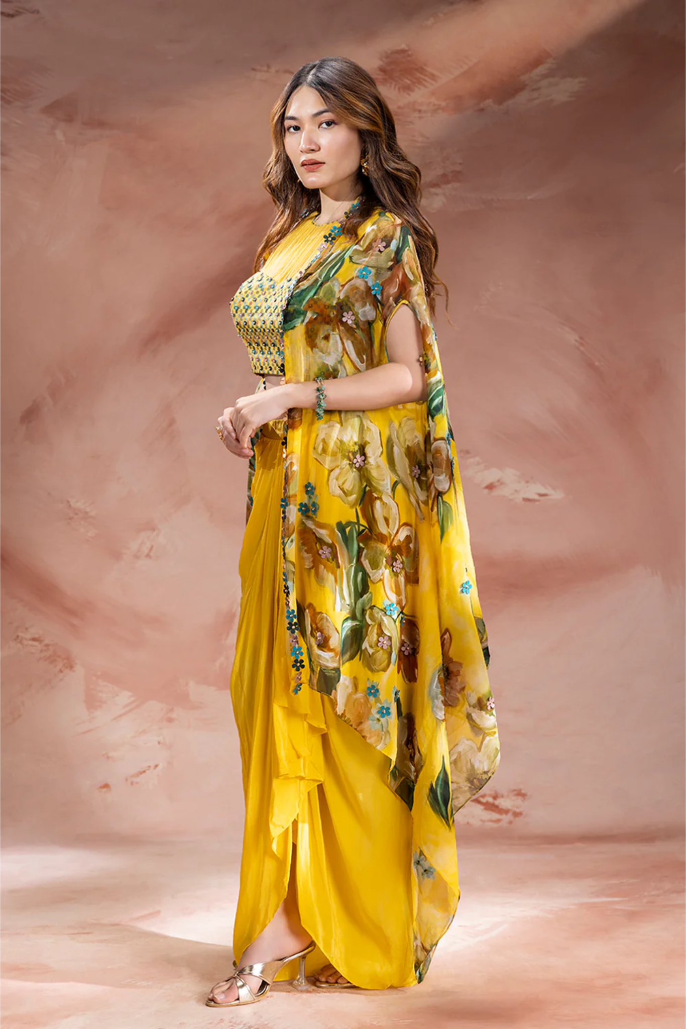 Zeya Embellished Drape Skirt Set with Cape