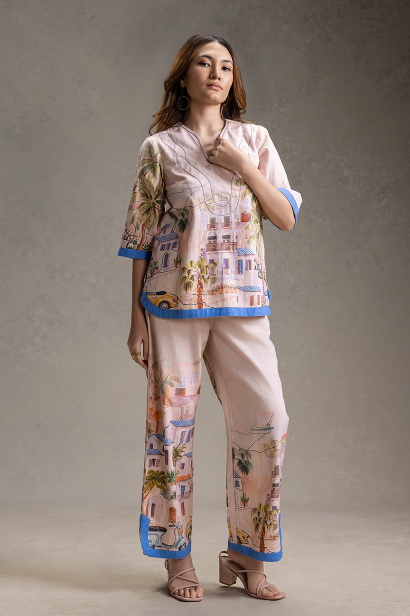 Reviera Printed Neck-Detail Top and Pants