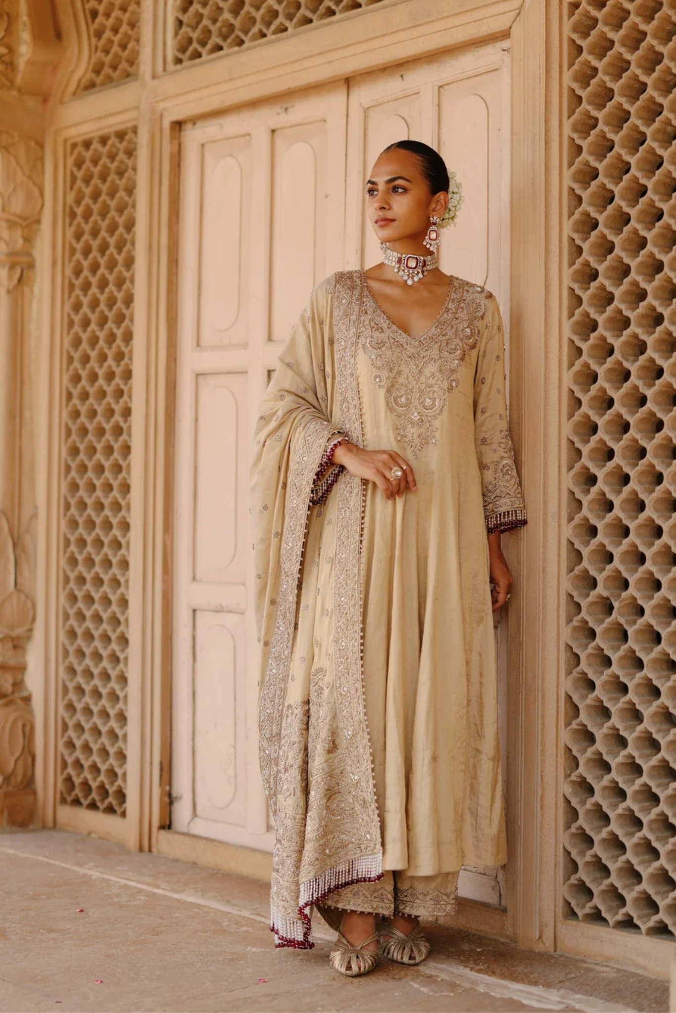 Rooh – Gold Tissue Long Kalidaar Anarkali Set With Palazzo & Dupatta