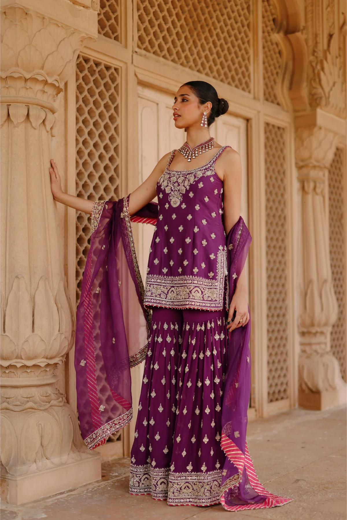 Shahbano - Deep Purple Kurta Set With Garara & Dupatta