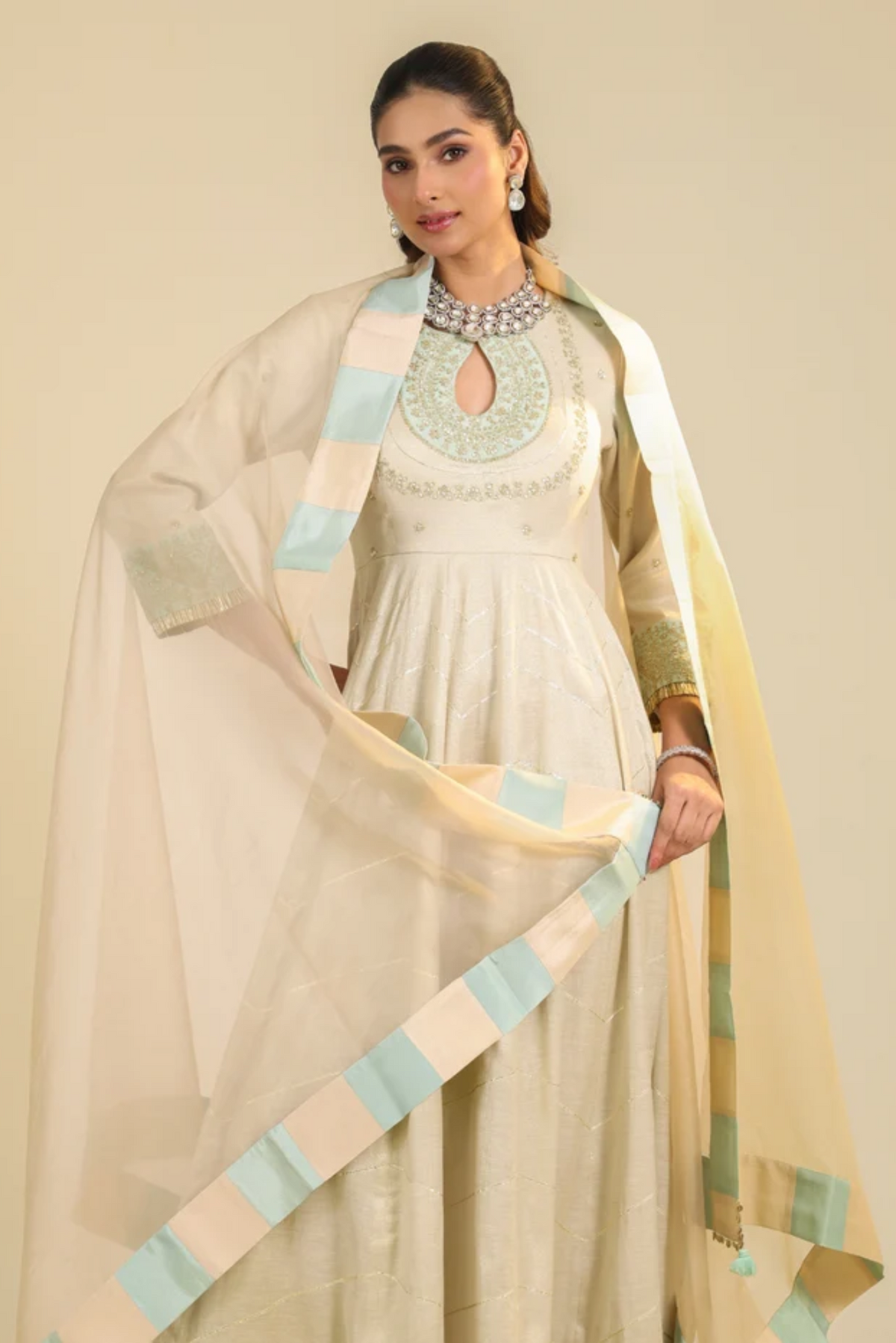Off White Shimmer Tarini Anarkali Set