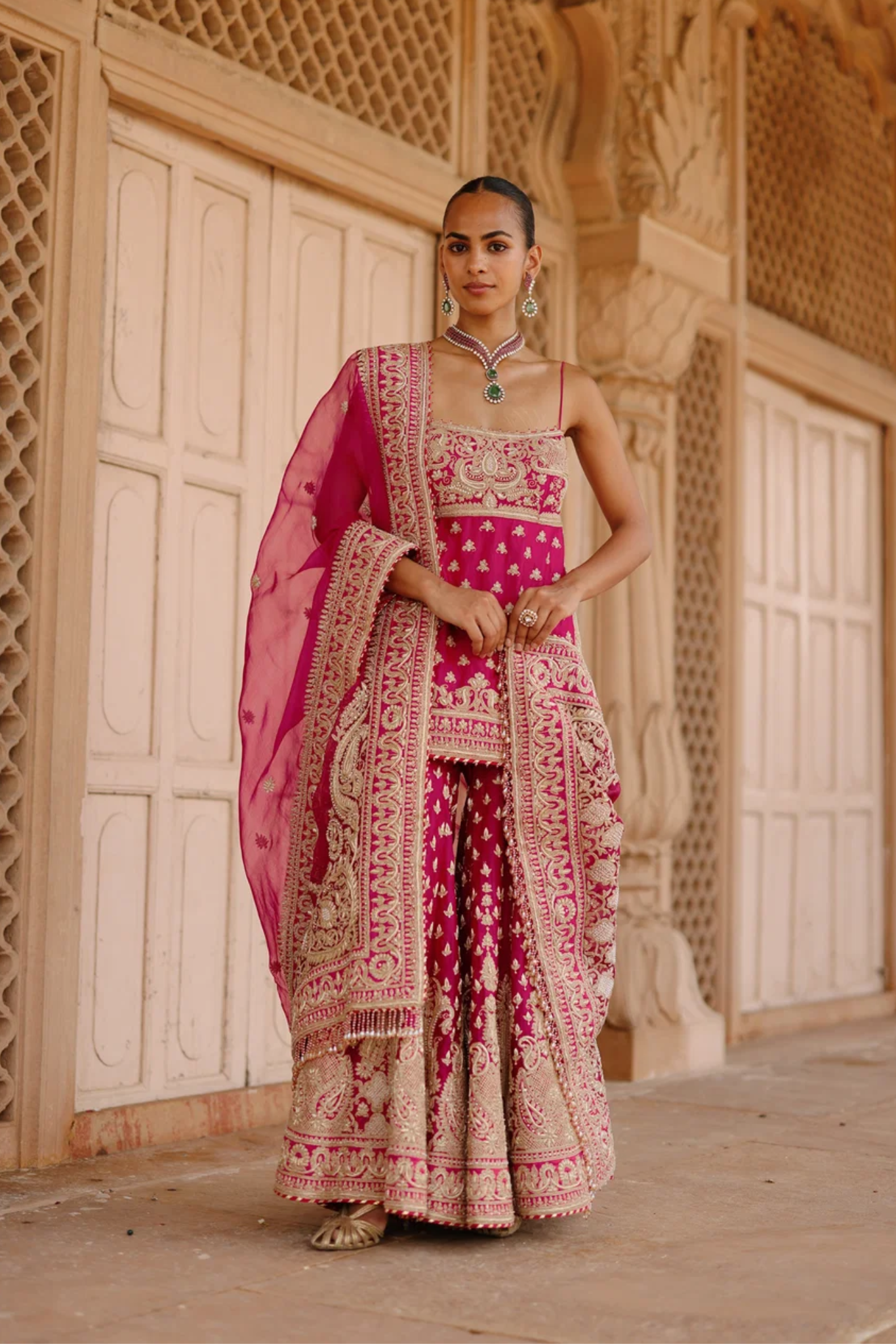 Nisbat - Rani Hot Pink Kurta Set With Garara & Dupatta