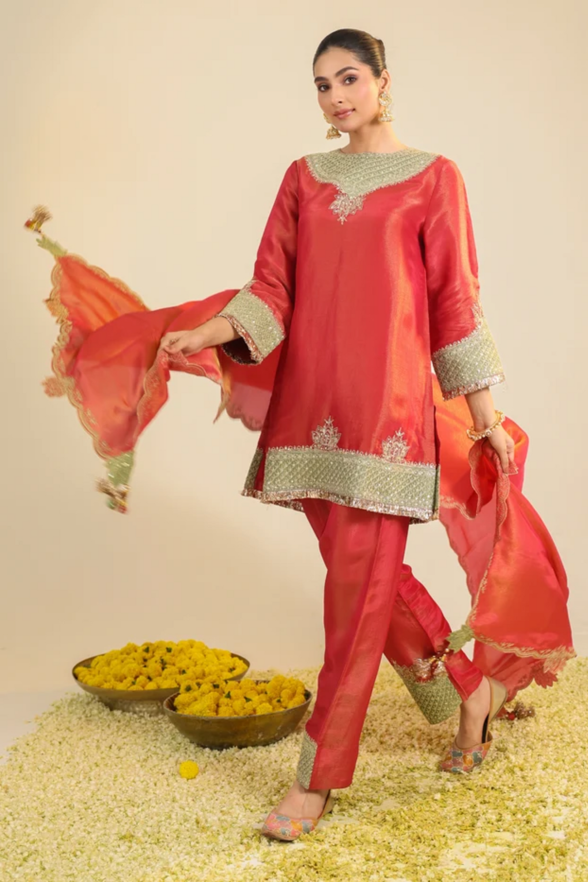Red Divine Tissue Kurta Set