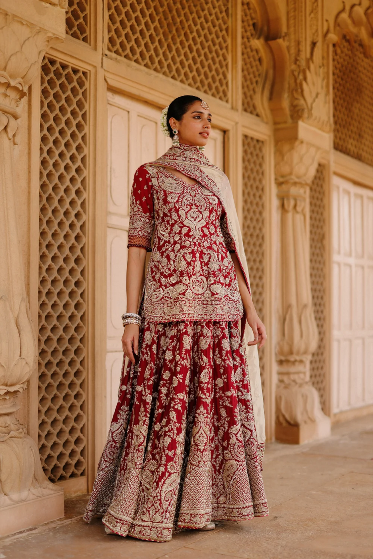 Merab - Deep Red Kurta Set With Lehenga & Dupatta