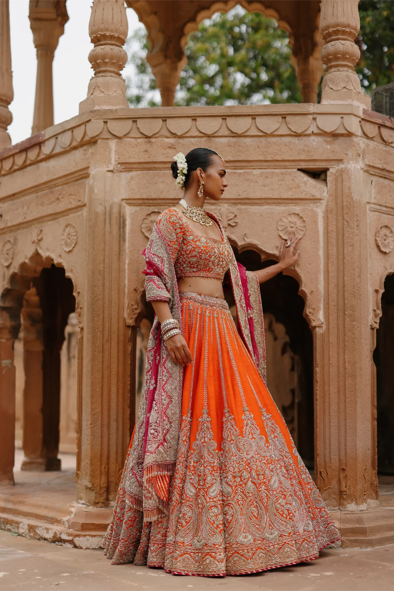 Nagma - Orange Lehenga Set With Blouse & Rani Hot Pink Dupatta