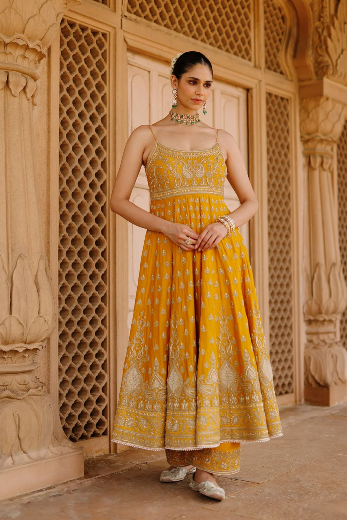 Afraa - Mustard Anarkali Set With Palazzo & Dupatta