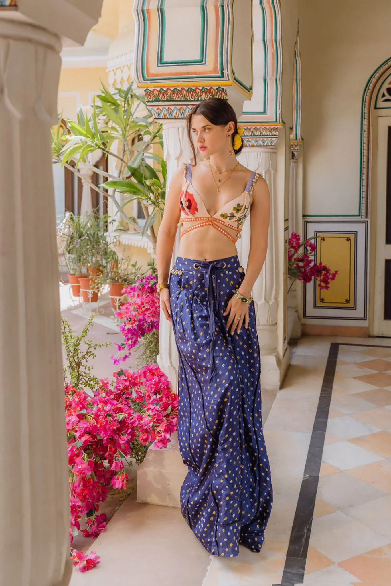 NAVY BANDHINI TROUSERS, A RED FLOWER, SHELLS